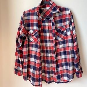 Plaid flannel, coral, white, grey and blue
